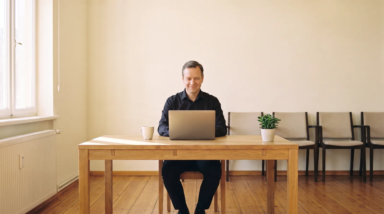 Symbolbild: derselbe Schreibtisch aufgeräumt – der Inhaber arbeitet allein und ruhig an einem Laptop