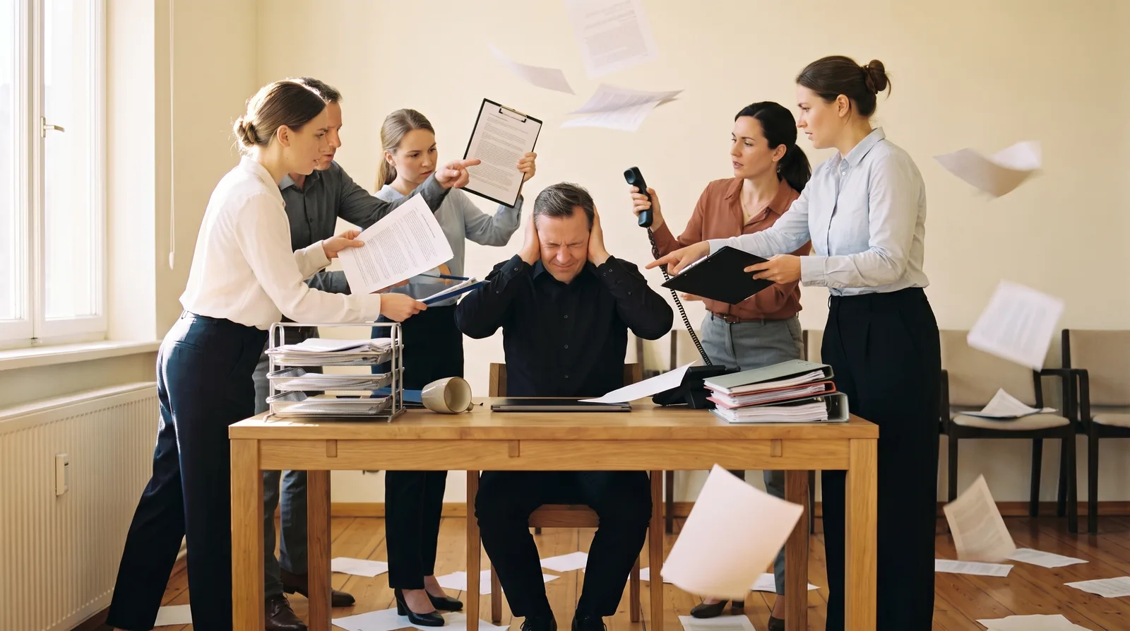 Symbolbild: Büro im Chaos – der Inhaber hält sich die Ohren zu, während Mitarbeiter mit Unterlagen auf ihn einreden und Papiere durch die Luft fliegen